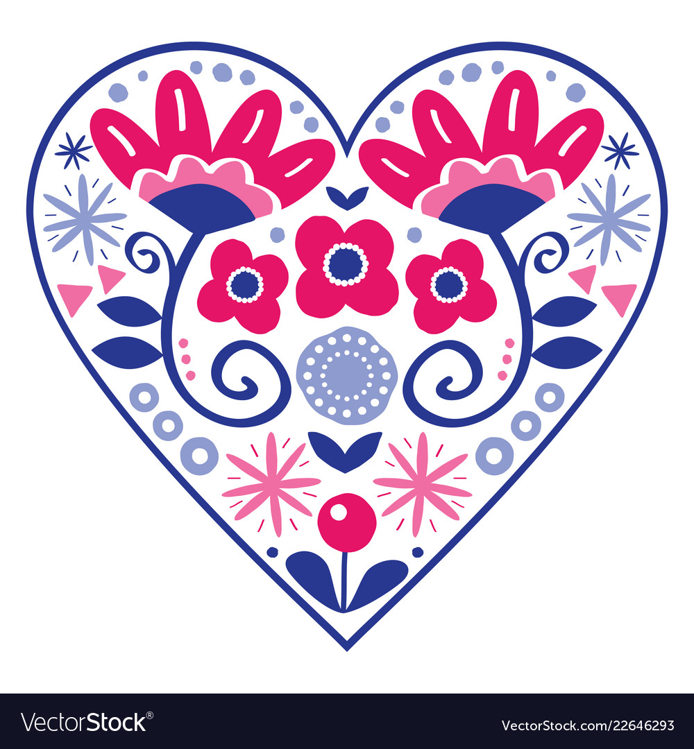 Floral folk art heart design valentines day