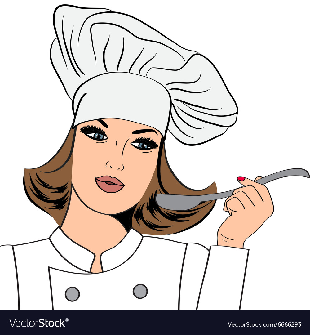 Sexy chef woman in uniform taste food Royalty Free Vector