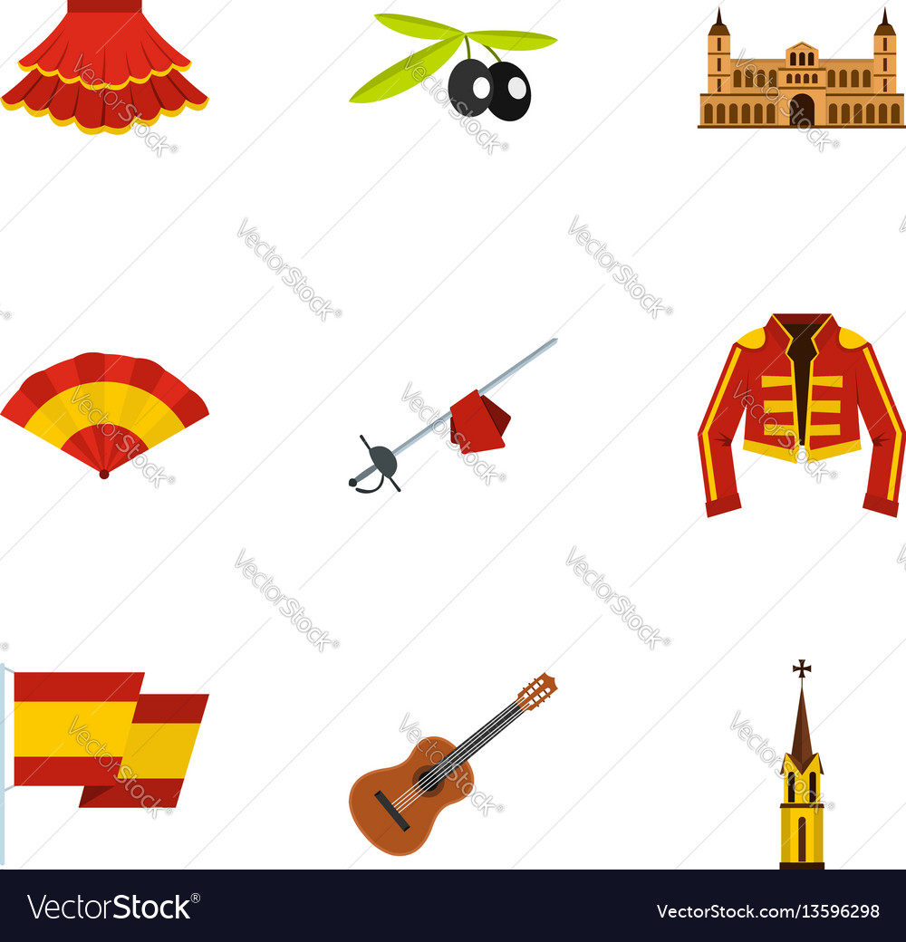 Spanish elements icons set flat style Royalty Free Vector