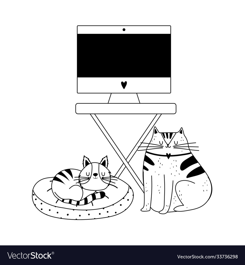 Workspace monitor computer on table and cats