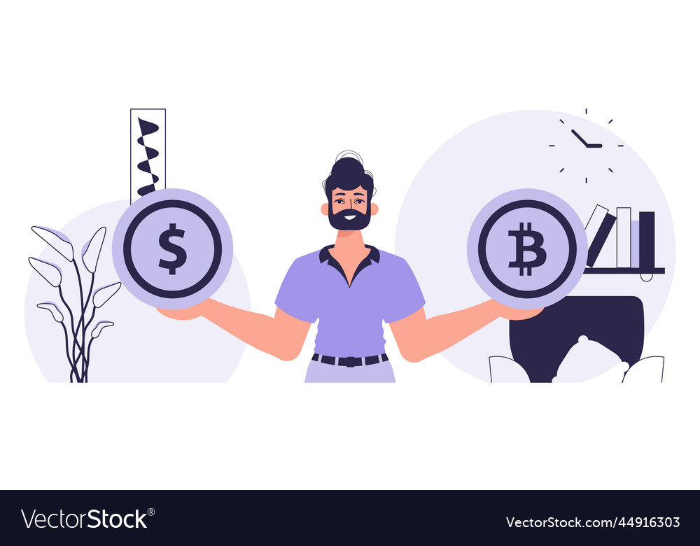 Concept of mining and extraction bitcoin a man vector image Concept of mining and extraction bitcoin a man
