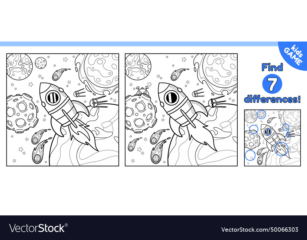 Outline game find 7 differences with space rocket