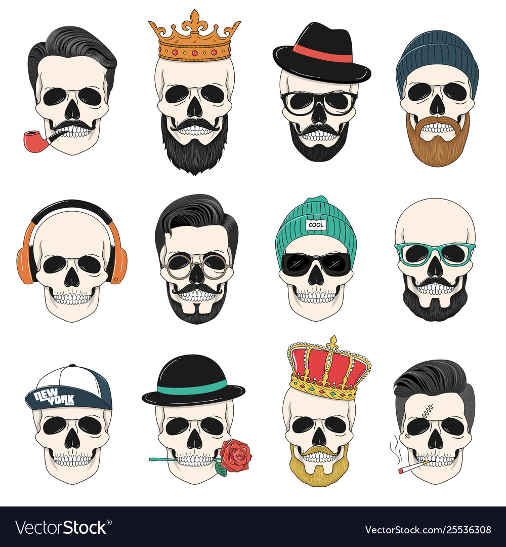 Set hipster skulls with hair crowns hats Vector Image