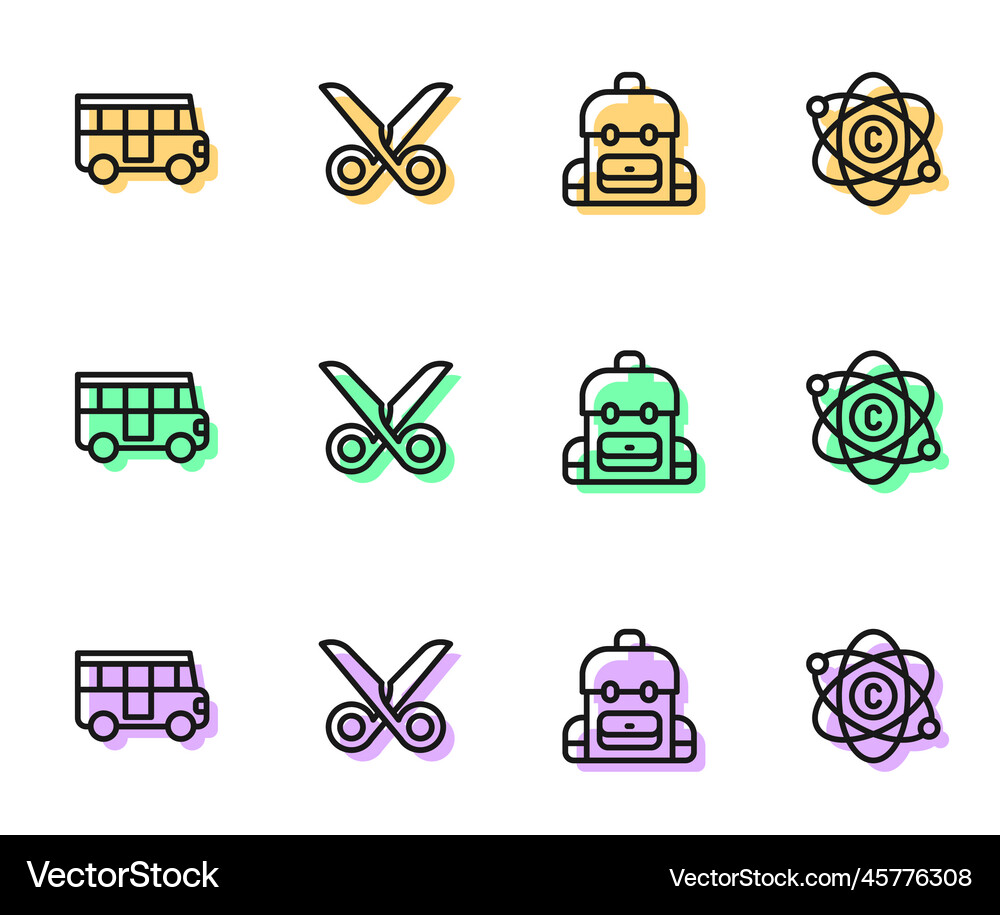 Set line school backpack bus scissors and atom Vector Image
