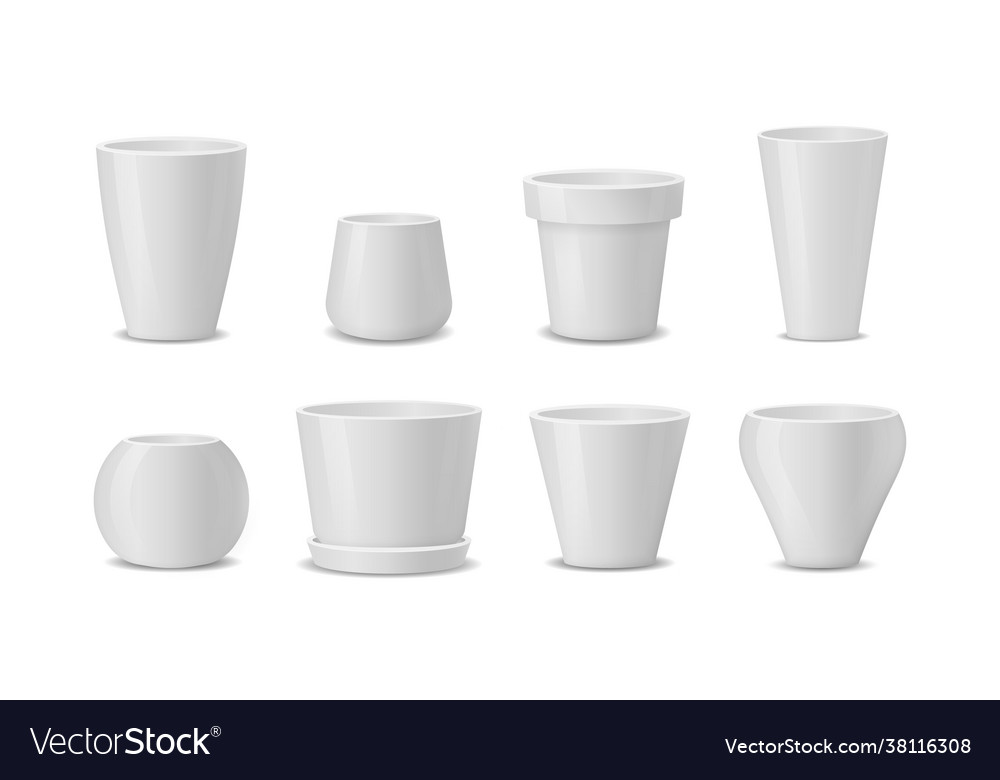 Set realistic white ceramic flower pots