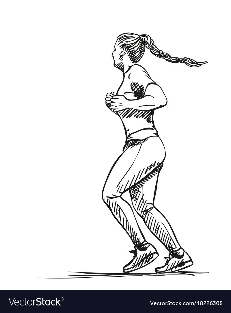 Sketch of running woman with pigtail hand drawn