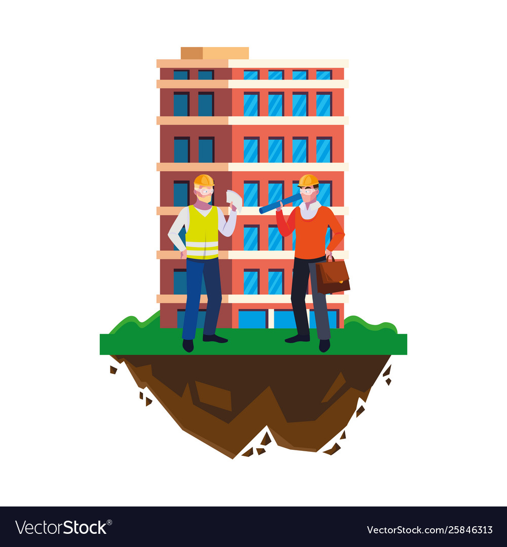 Architect builder with constructor workers