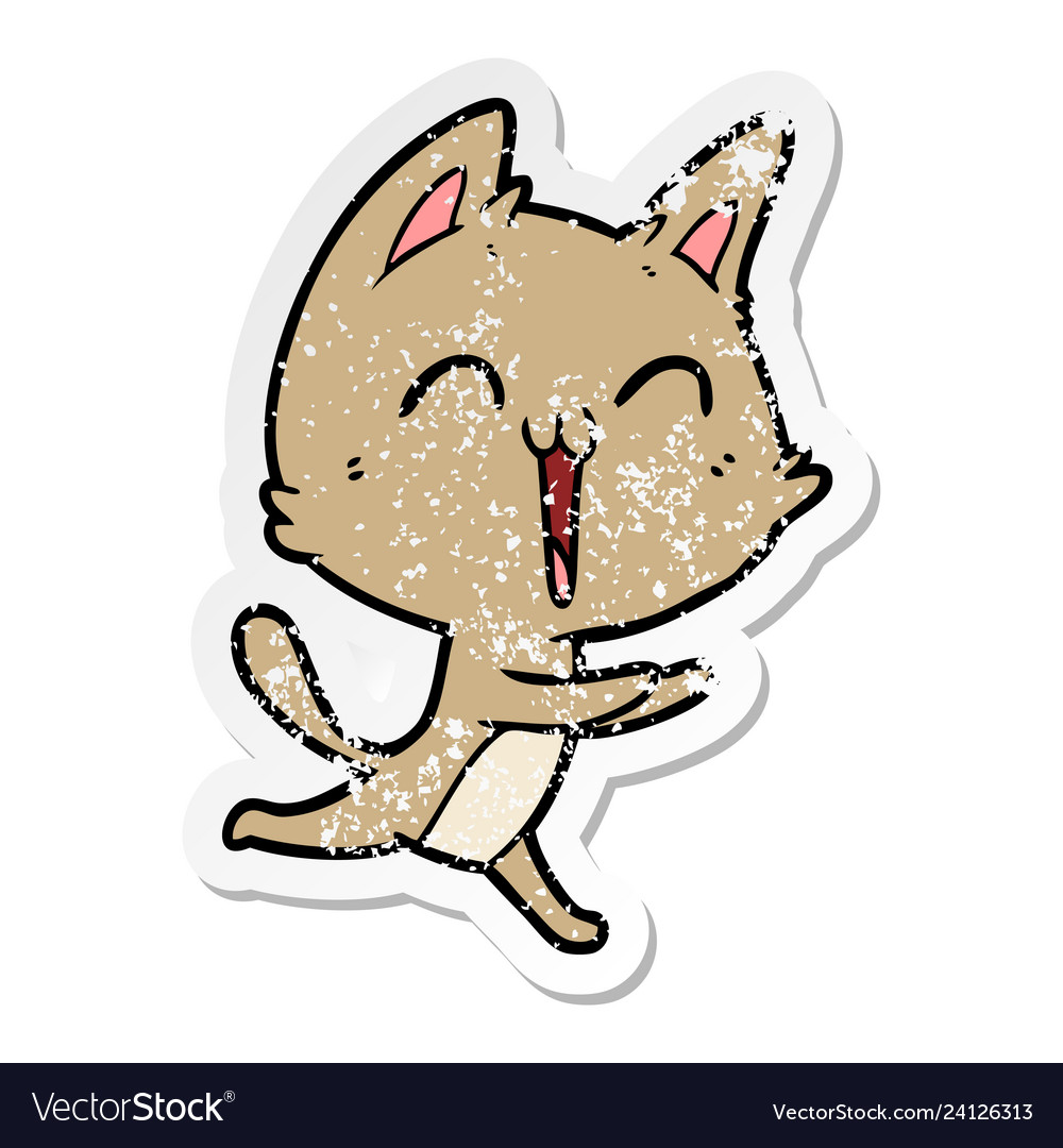 Distressed sticker of a happy cartoon cat meowing Vector Image