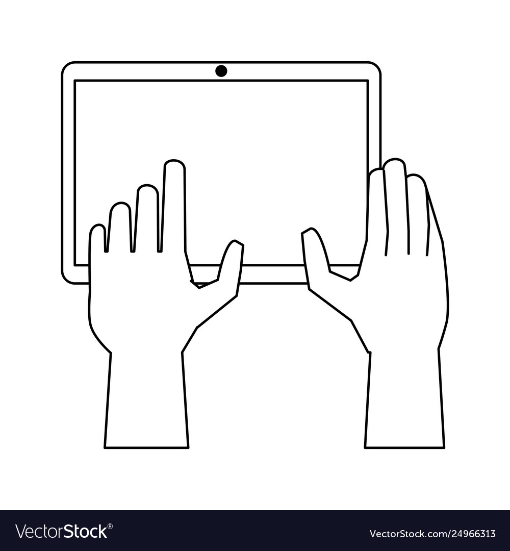 Hands using tablet cartoon in black and white