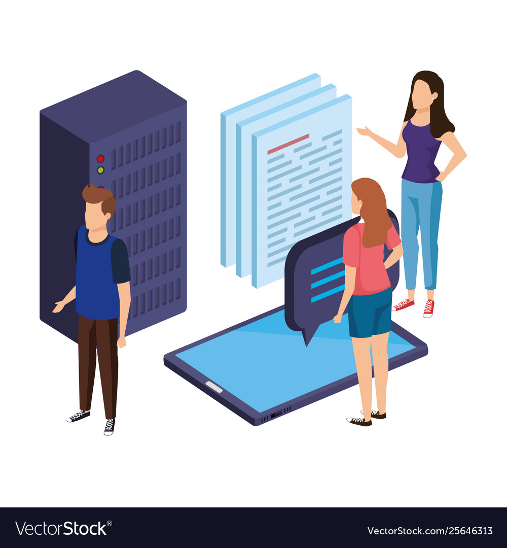 People with smartphone and data server vector image People with smartphone and data server