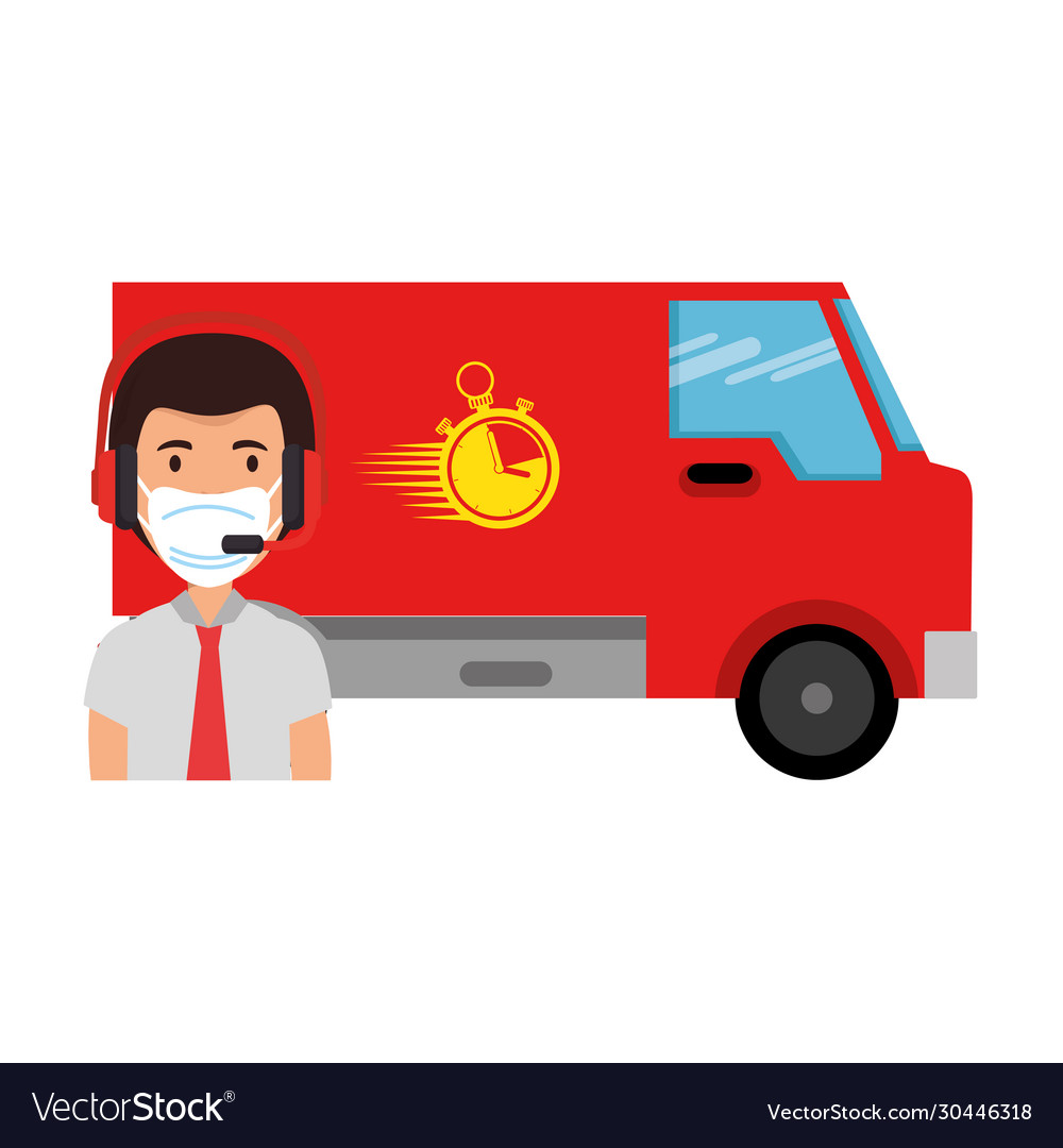 Man agent call center using face mask with van vector image Man agent call center using face mask with van