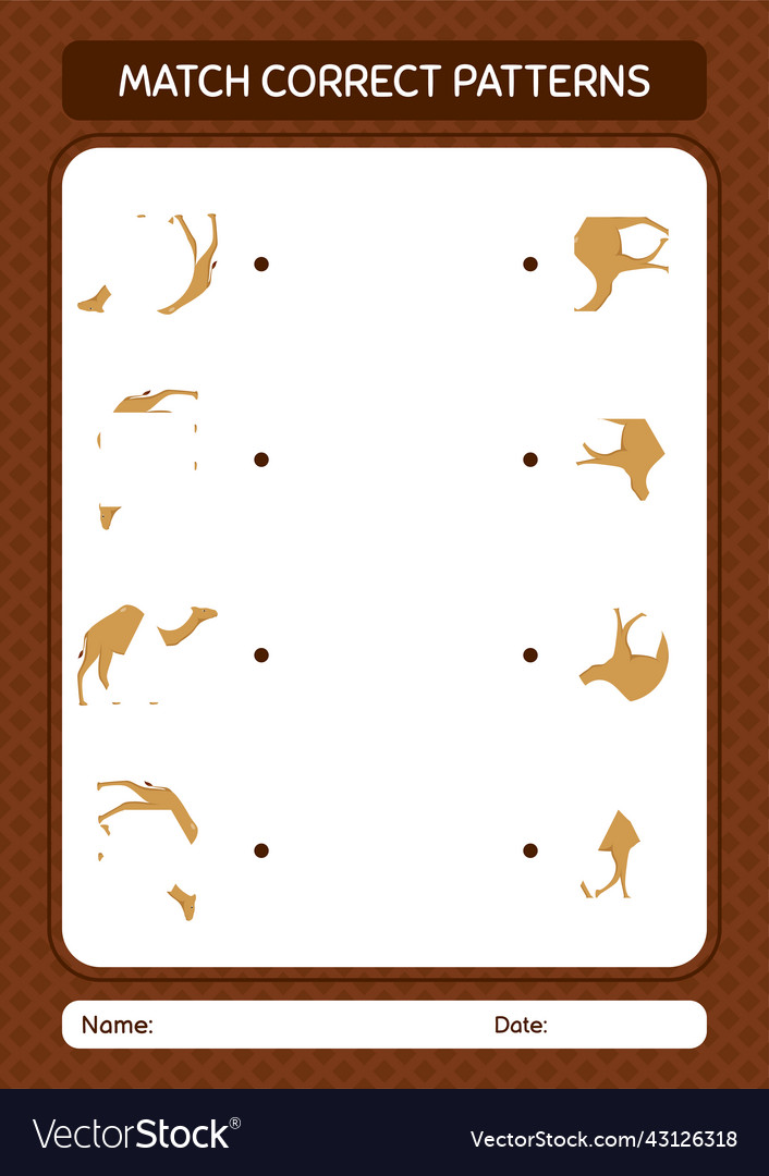 Match pattern game with camel worksheet vector image Match pattern game with camel worksheet