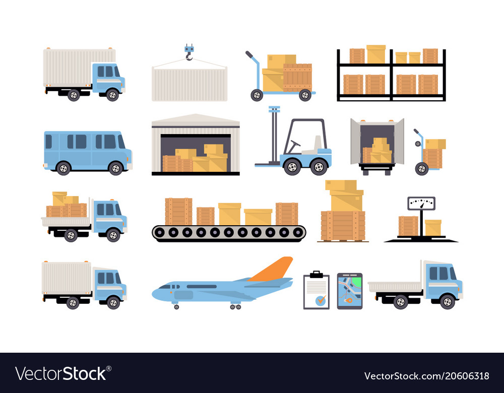 Warehouse and logistic set shelves with goods Vector Image