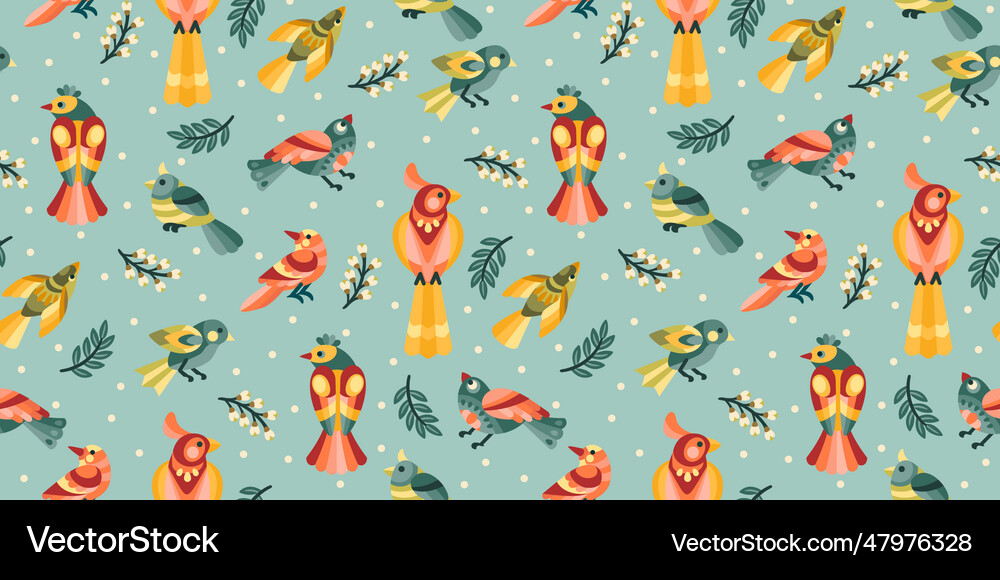 Folk floral seamless pattern with birds modern Vector Image