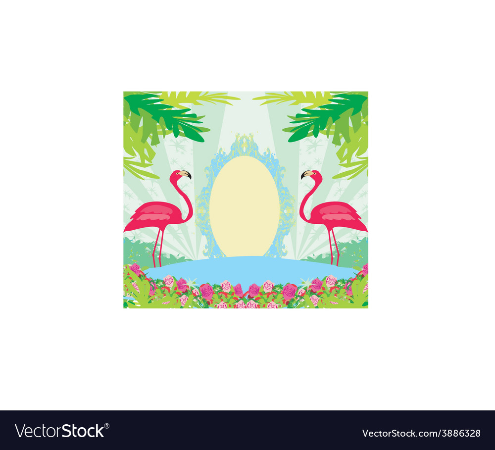 Vintage frame - green palms and pink flamingo