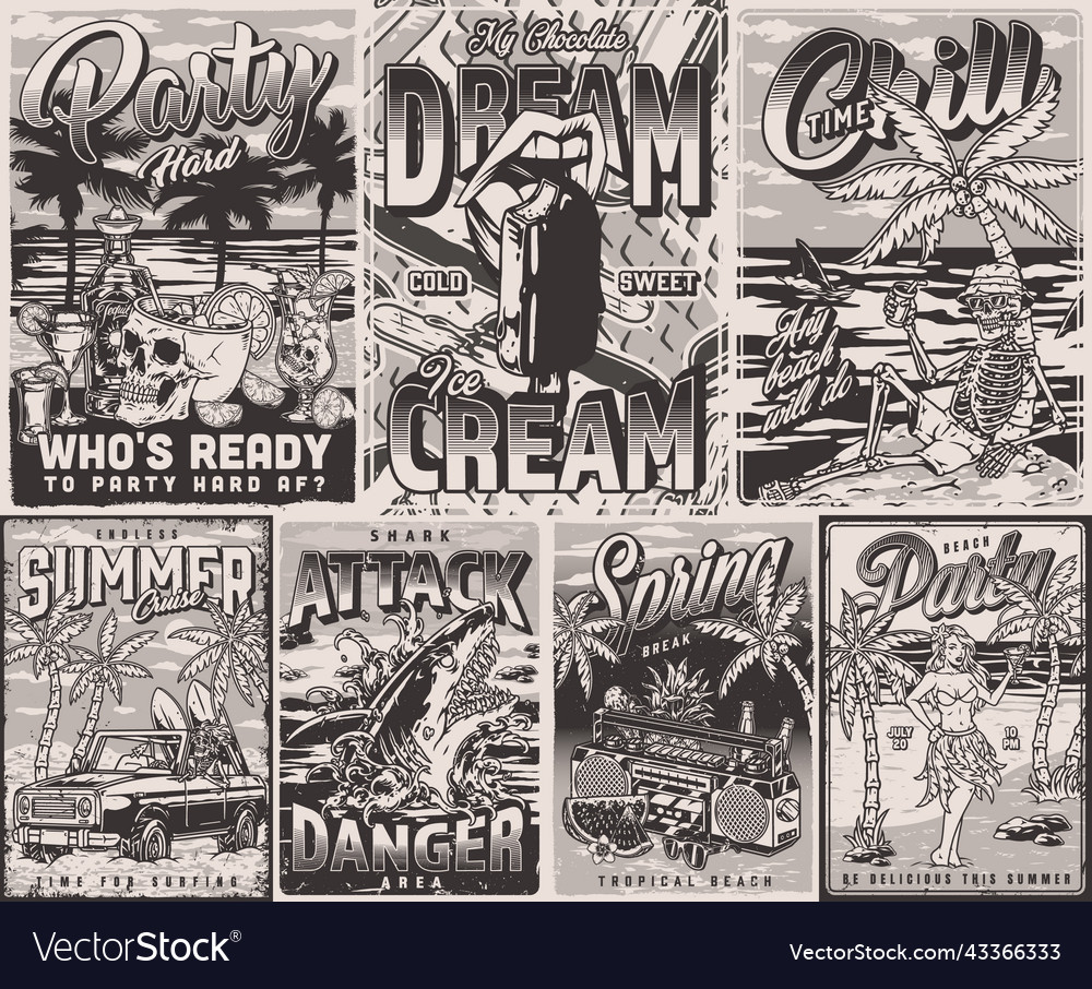 Beach Party Set Monochrome Flyers Royalty Free Vector Image