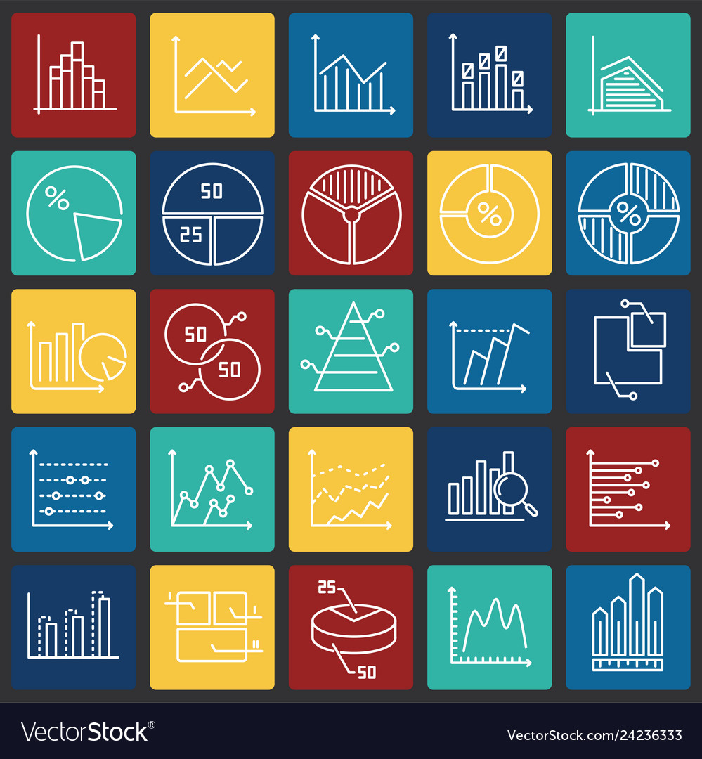 Graph line icons set on color squares background vector image Graph line icons set on color squares background