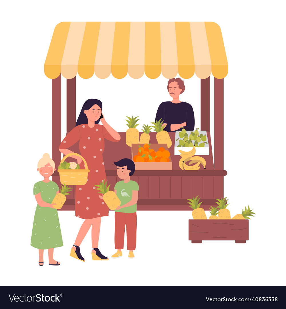 Family purchasing fresh fruit at local market