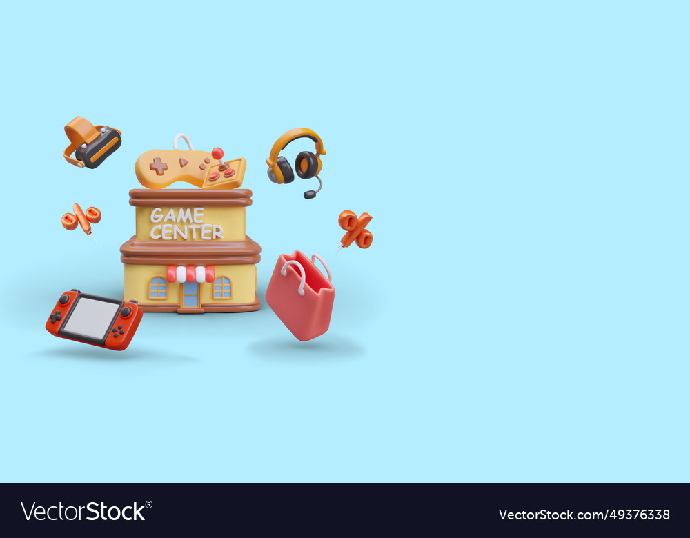Game center realistic building with text sign 3d vector image Game center realistic building with text sign 3d