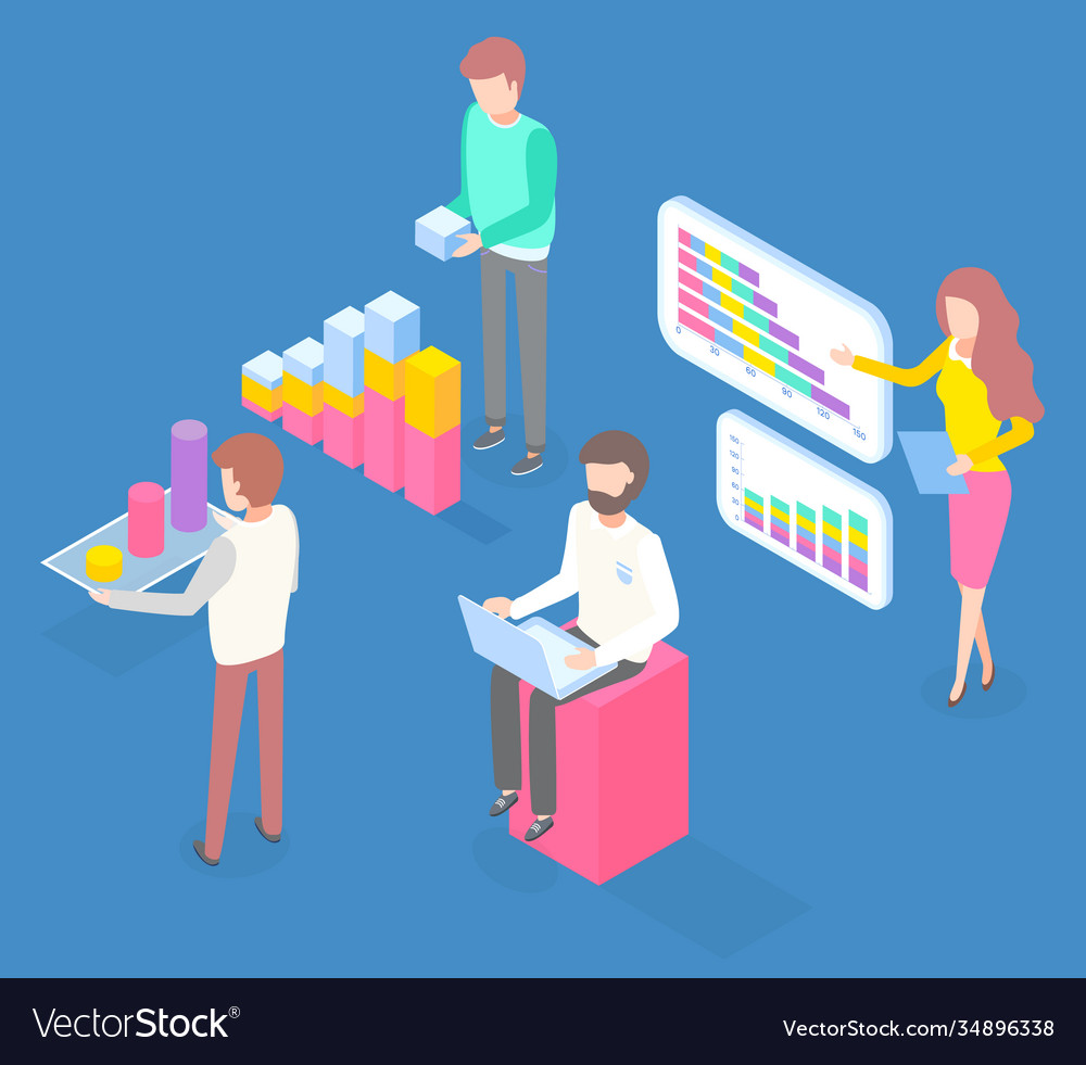 Isometric image team working with data analysis Vector Image Isometric image team working with data analysis