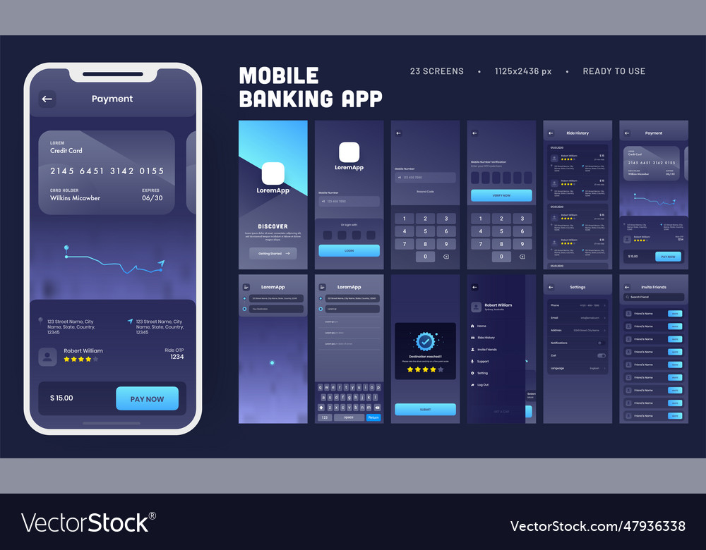 Mobile banking app ui kit with multiple screens