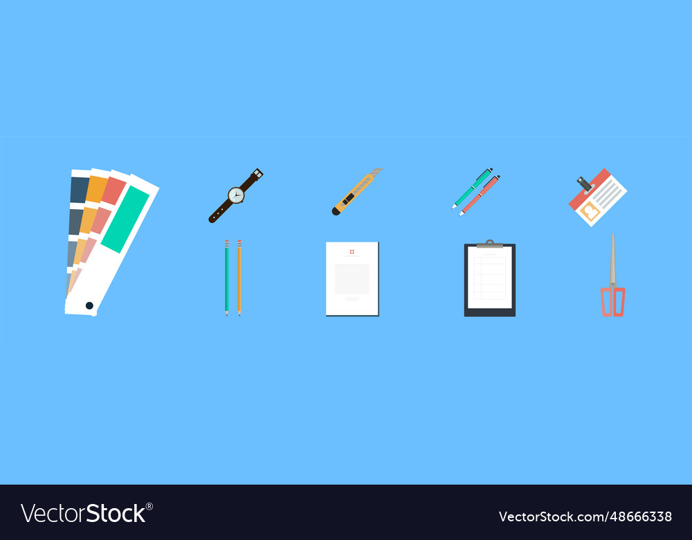 Office object and business workflow items on blue