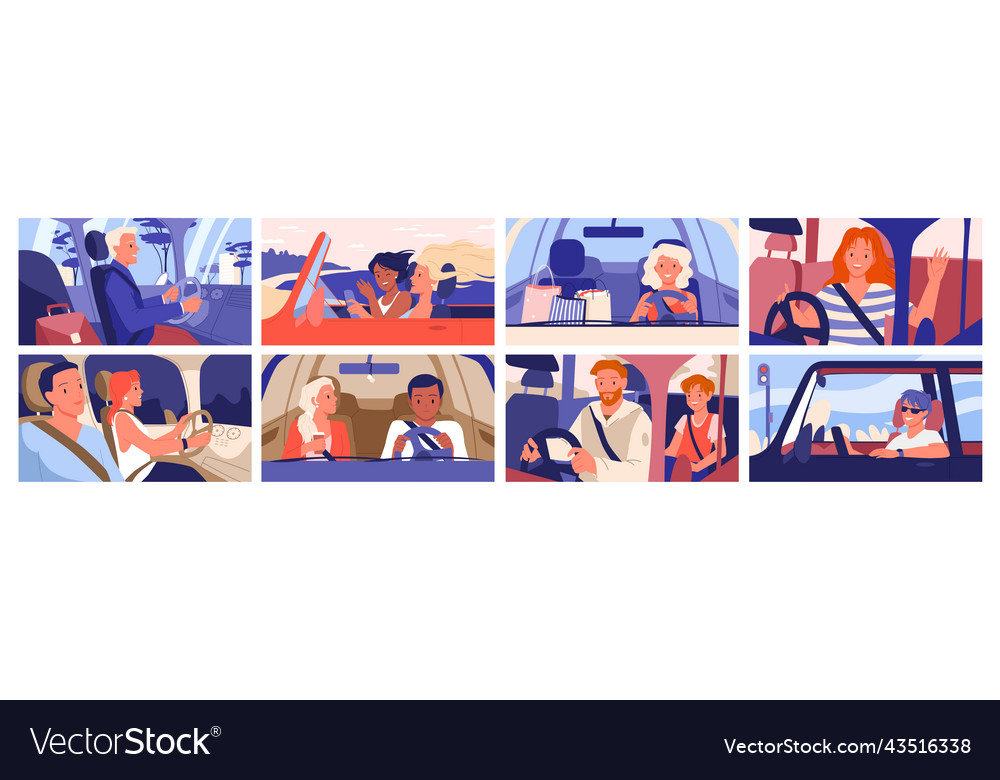 People inside car set drivers holding steering vector image People inside car set drivers holding steering