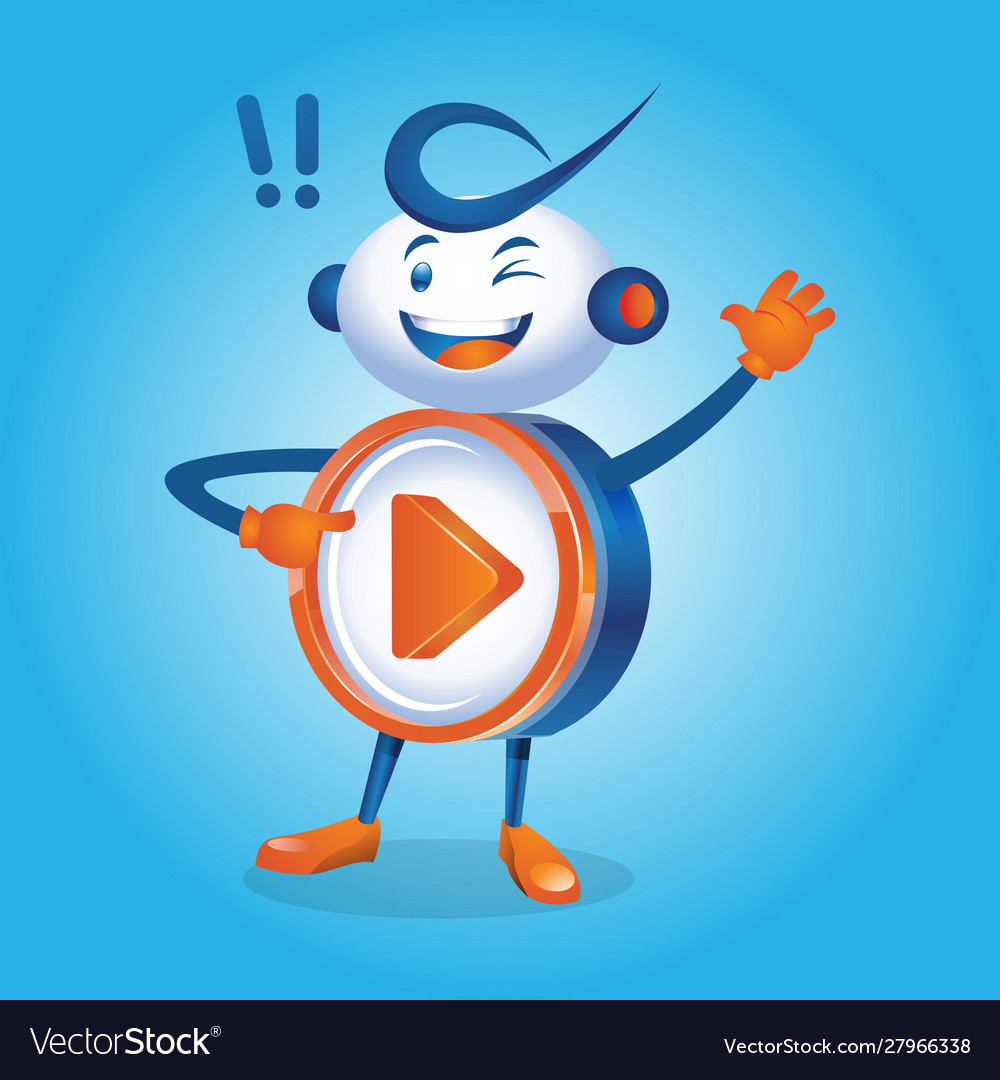 Play button robot character in click e