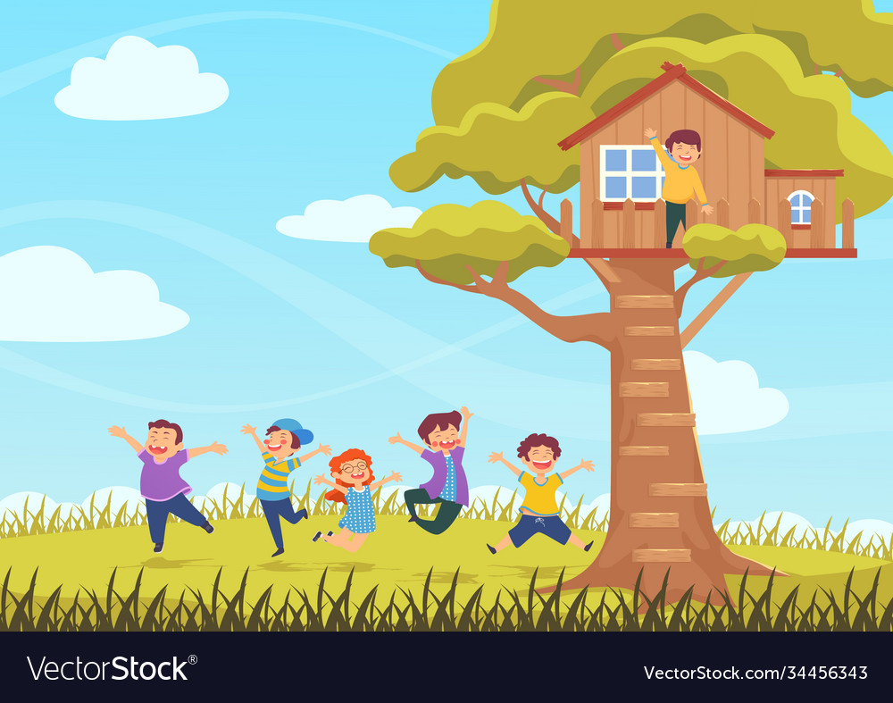 Happy children jumping tree house summer meadow Vector Image