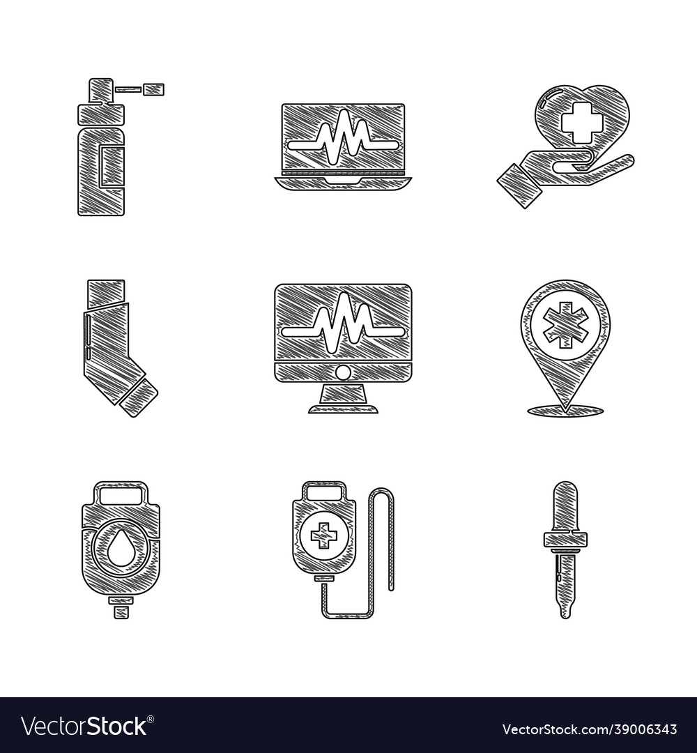 Set monitor with cardiogram iv bag pipette map vector image Set monitor with cardiogram iv bag pipette map