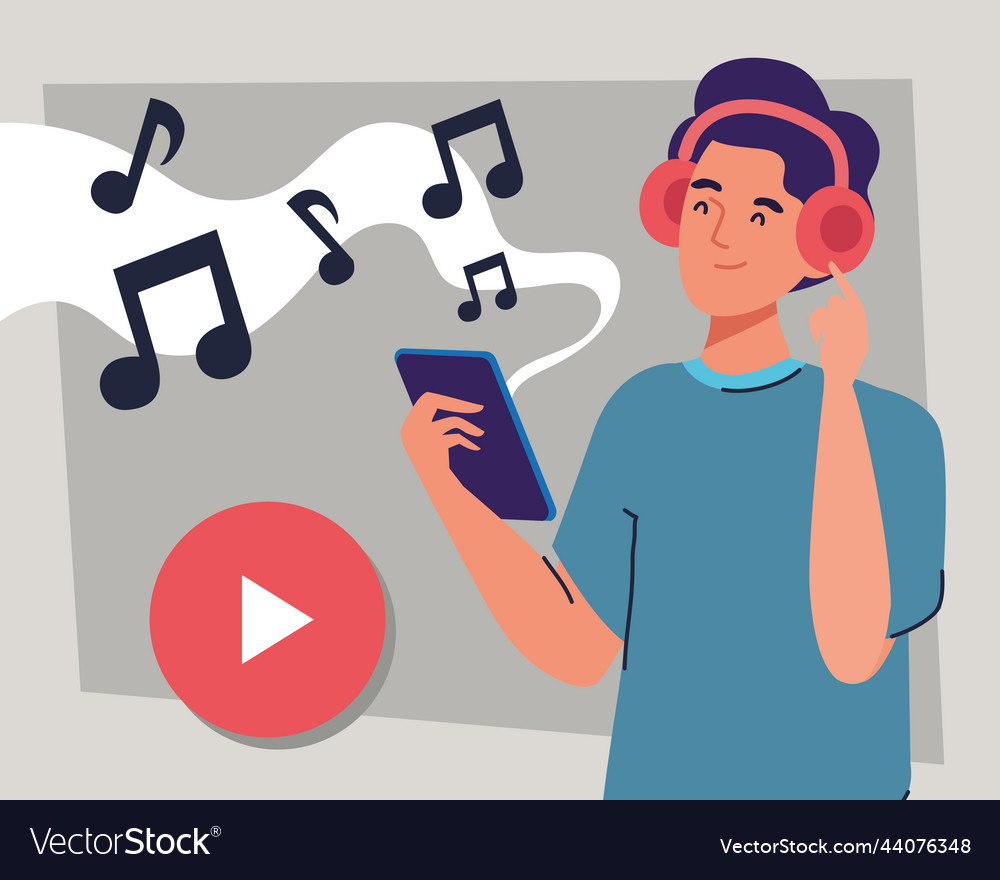 Man with smartphone and play button