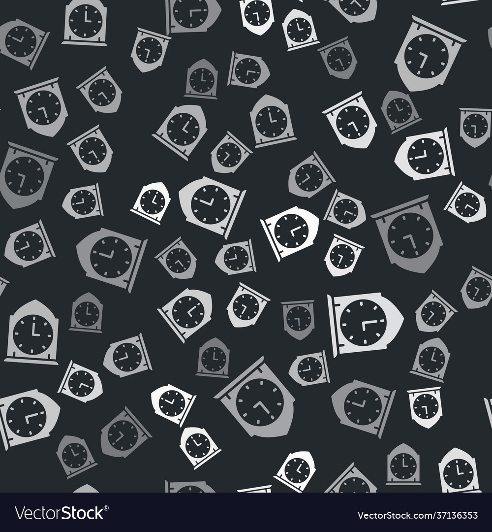 Grey clock icon isolated seamless pattern on black