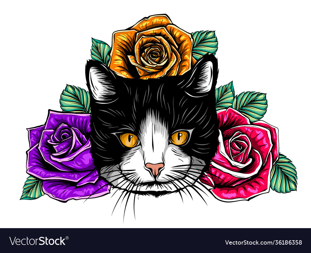 Color cat roses design art Royalty Free Vector Image