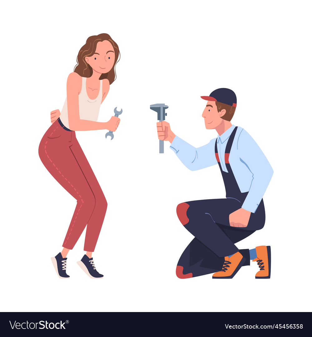 Man and woman character working holding wrench