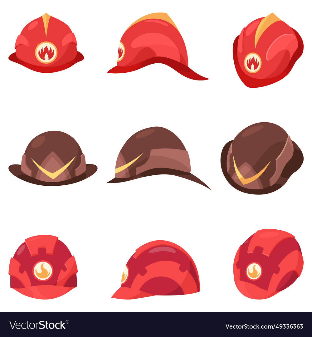 Fireman helmets icon set with front and side view vector image Fireman helmets icon set with front and side view