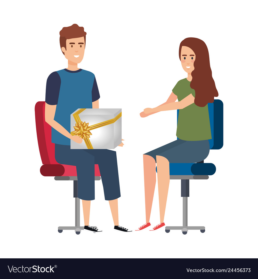 Business couple sitting in chairs giving gift vector image Business couple sitting in chairs giving gift