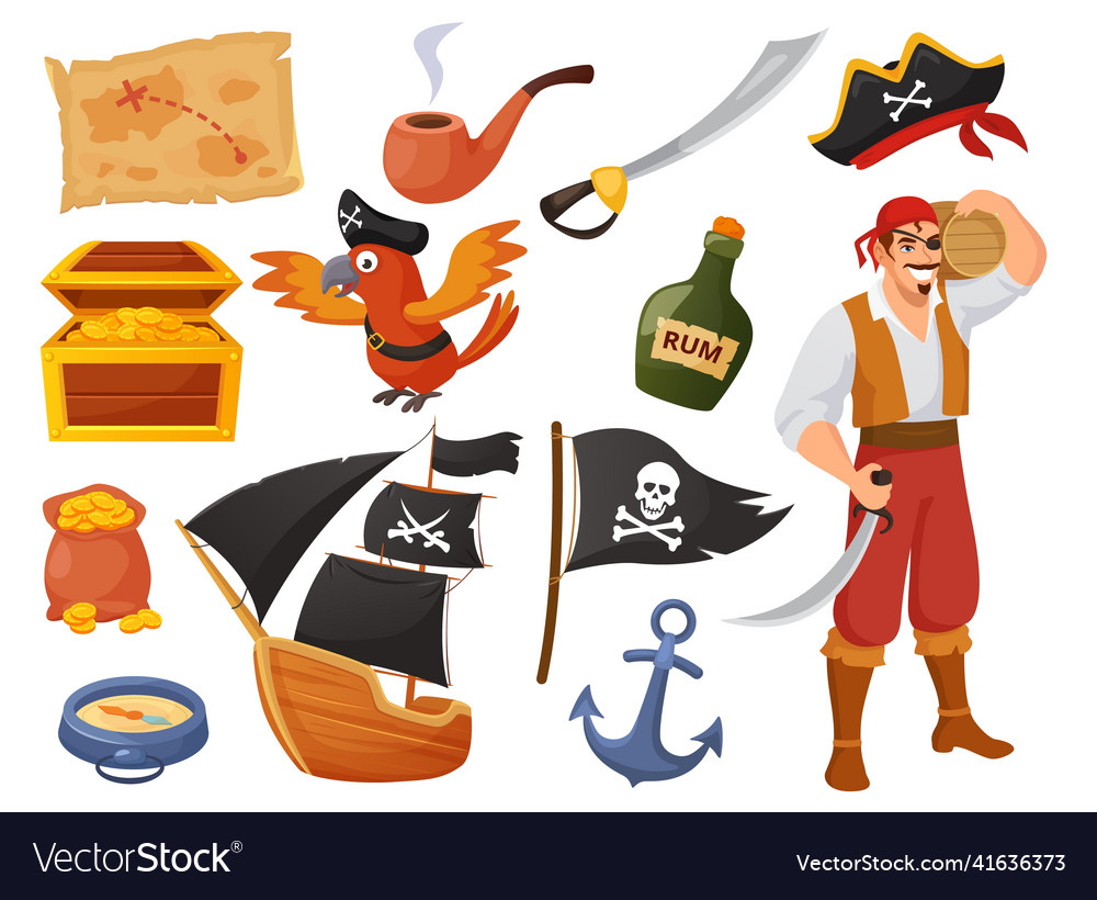 Cartoon pirate character with parrot and ship vector image Cartoon pirate character with parrot and ship