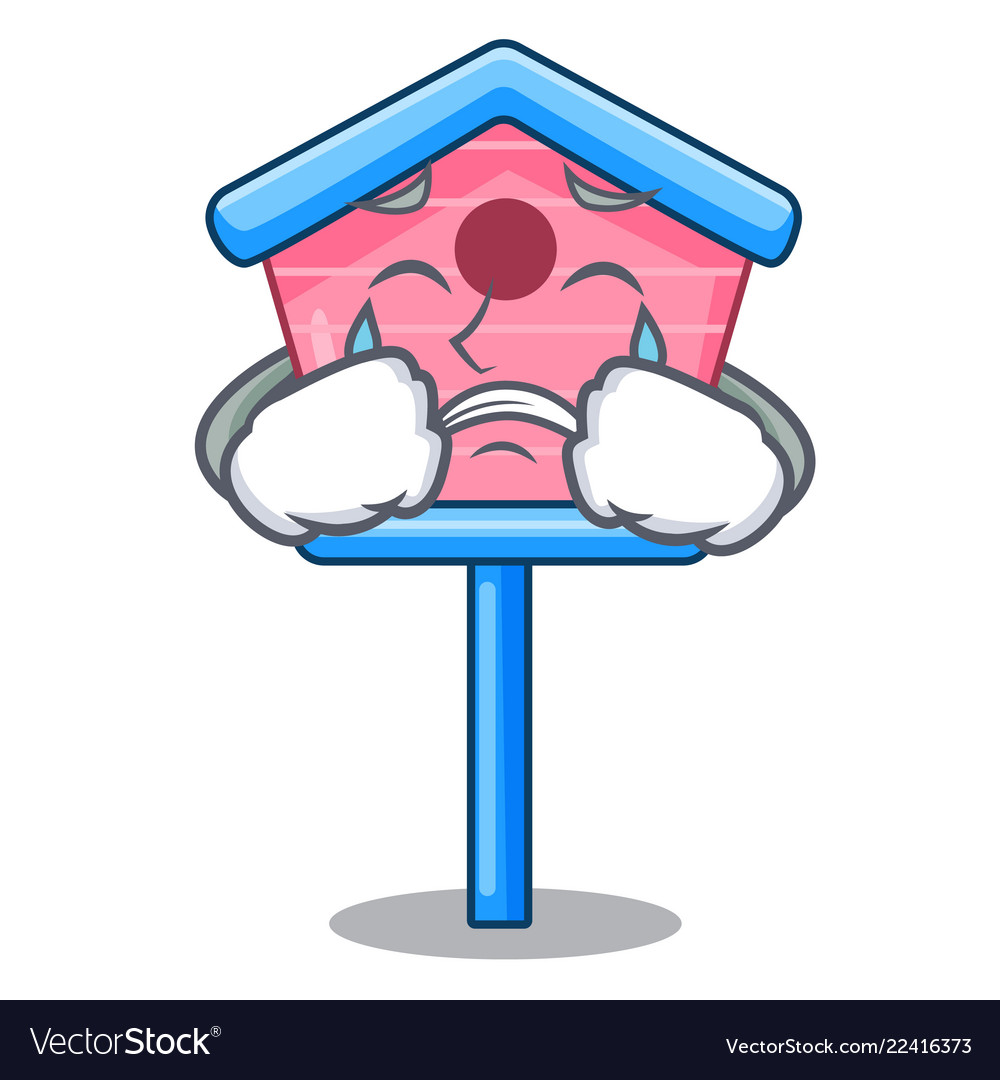 Crying wooden bird house on a pole cartoon