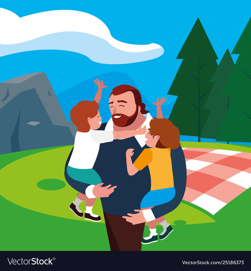 Father with sons characters in field picnic