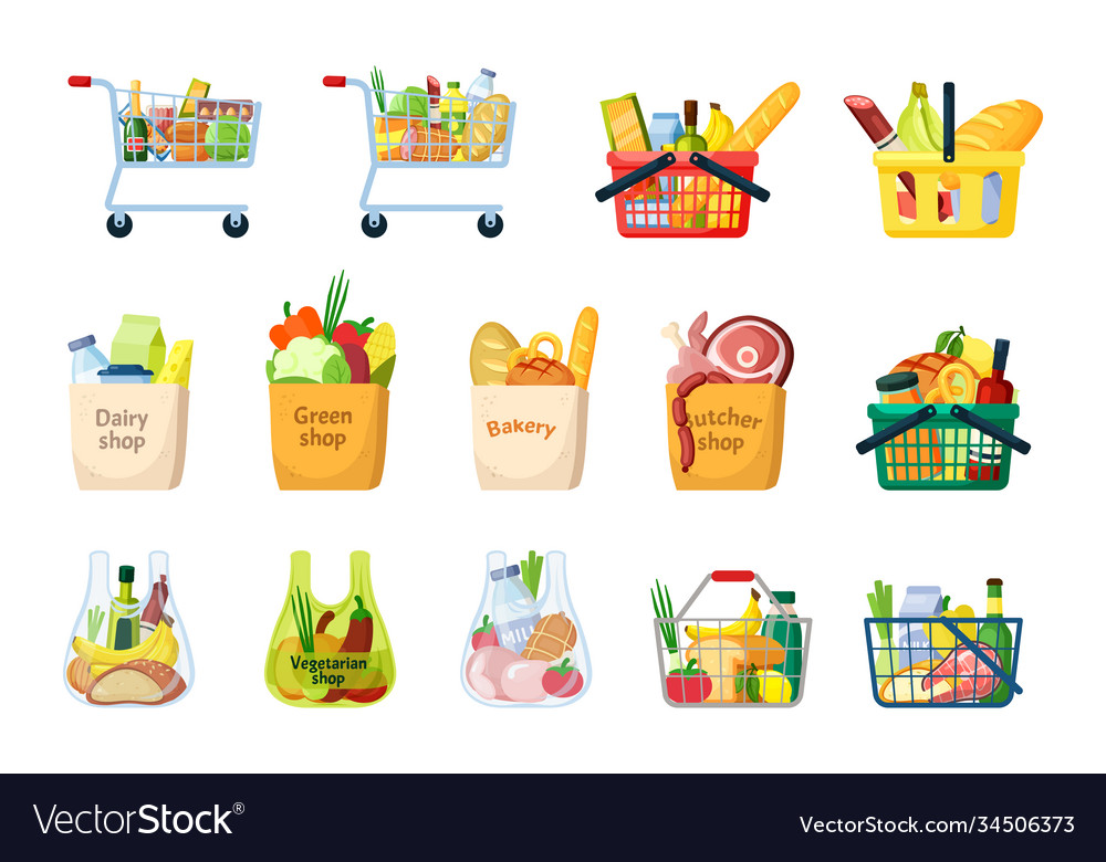 Grocery baskets and shopping bags set plastic