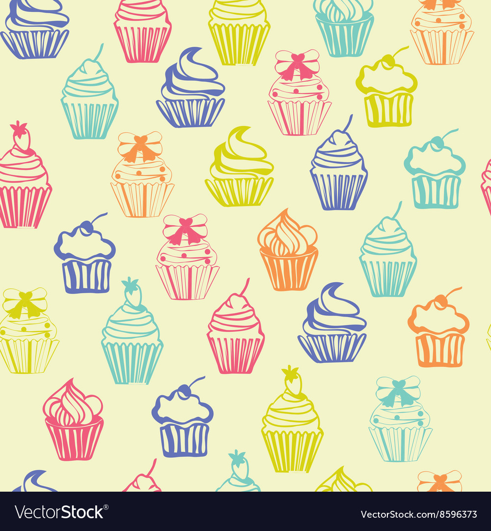 Outlined colorful seamless pattern with cupcakes