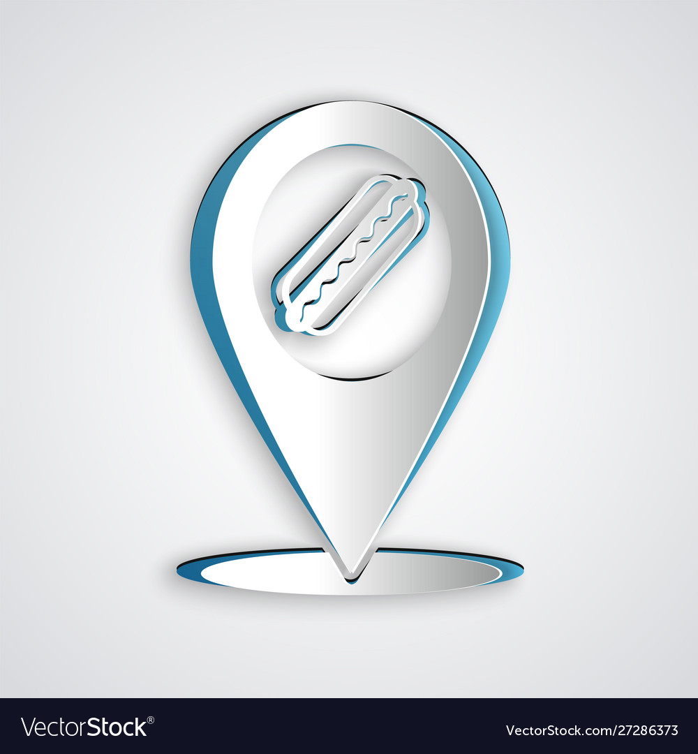 Paper cut map pointer with fast food hotdog icon