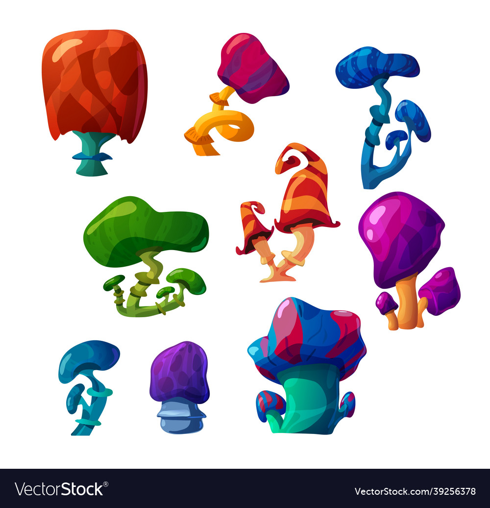 A set of unusual magic fantasy mushrooms colorful