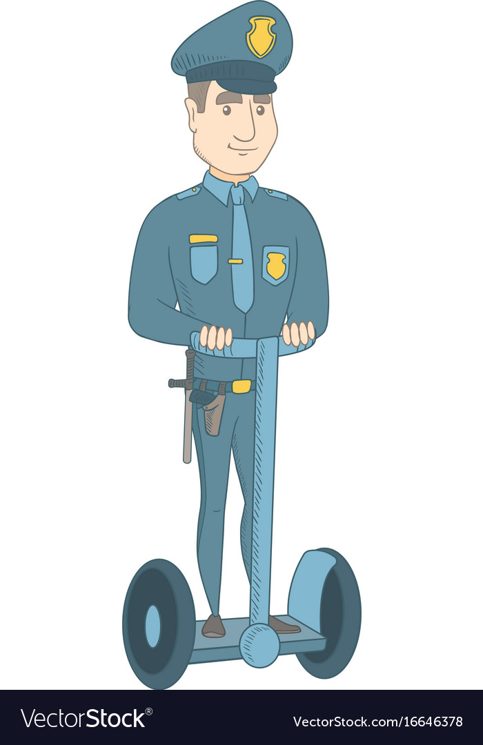 Caucasian security guard riding electrical scooter