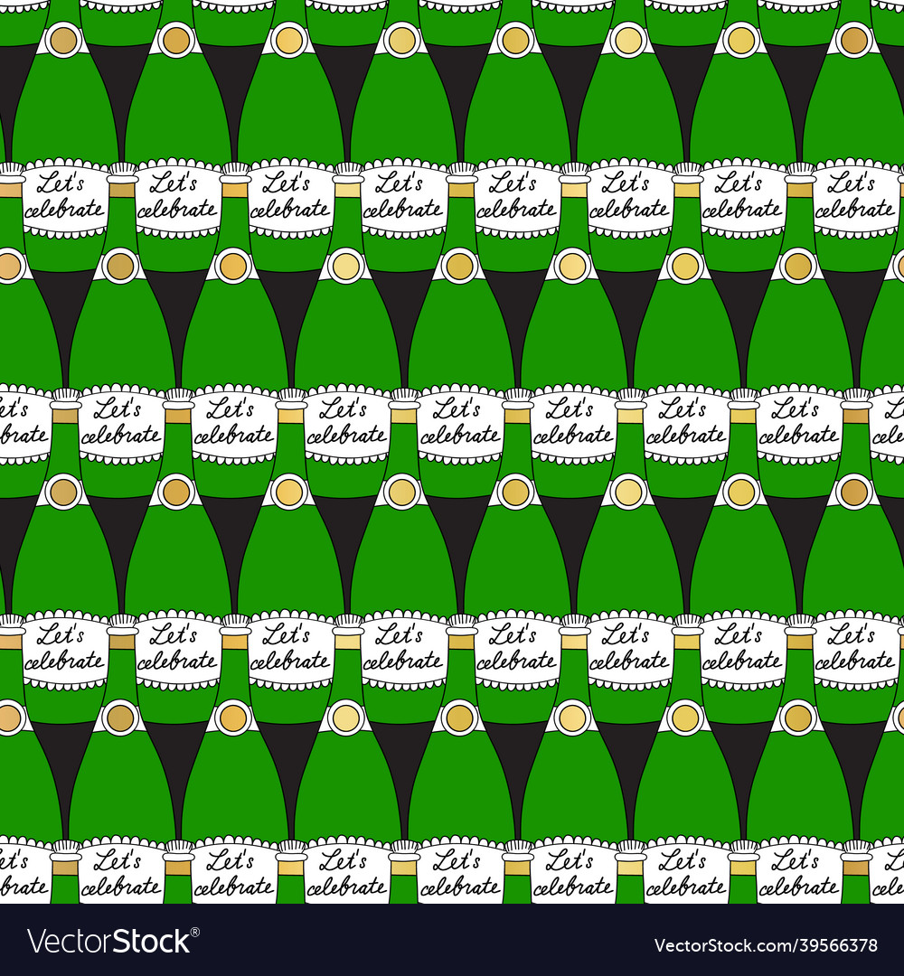 Champagne bottle seamless border hand vector image Champagne bottle seamless border hand