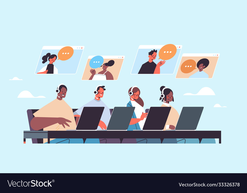 Operators with headset chatting clients call vector image Operators with headset chatting clients call