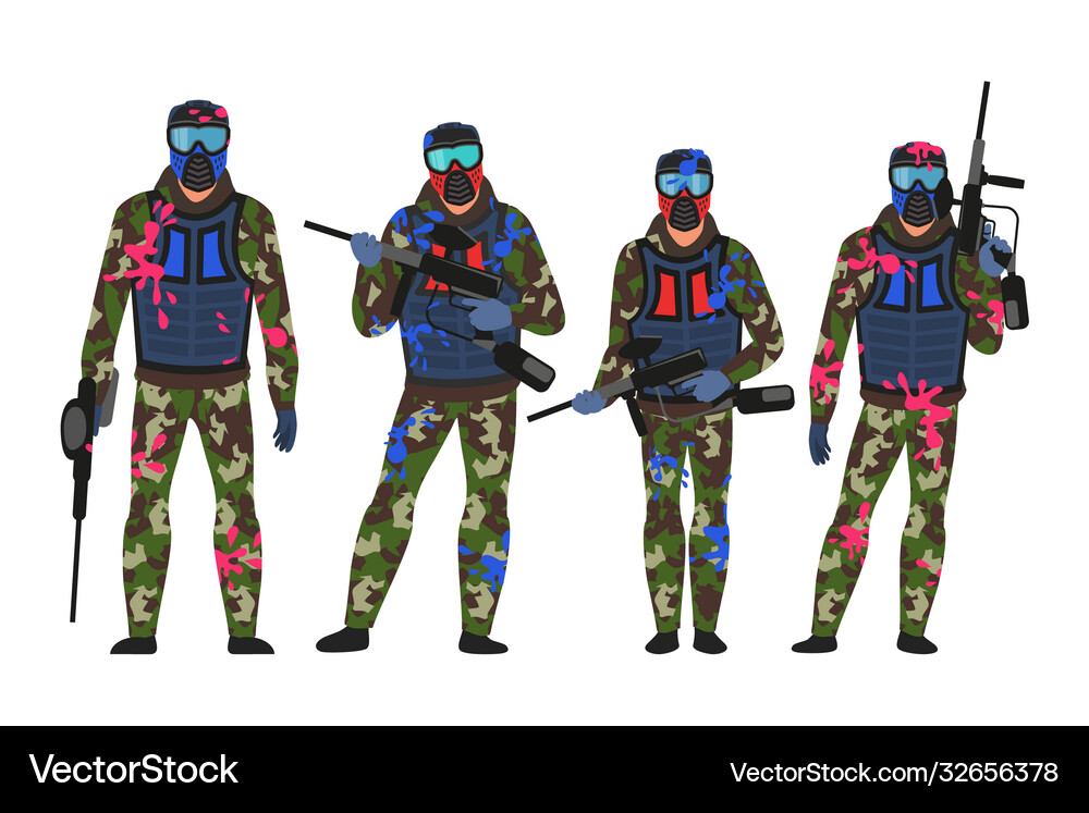 Paintball players set in standing position Vector Image