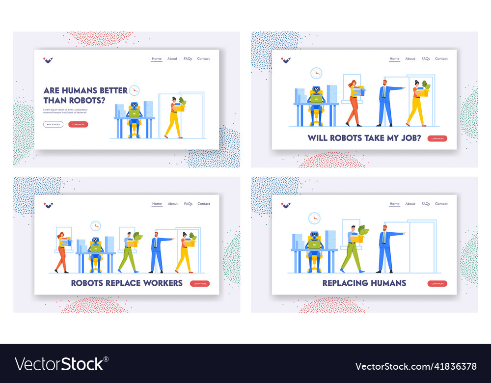 Robots replace workers landing page template set vector image Robots replace workers landing page template set