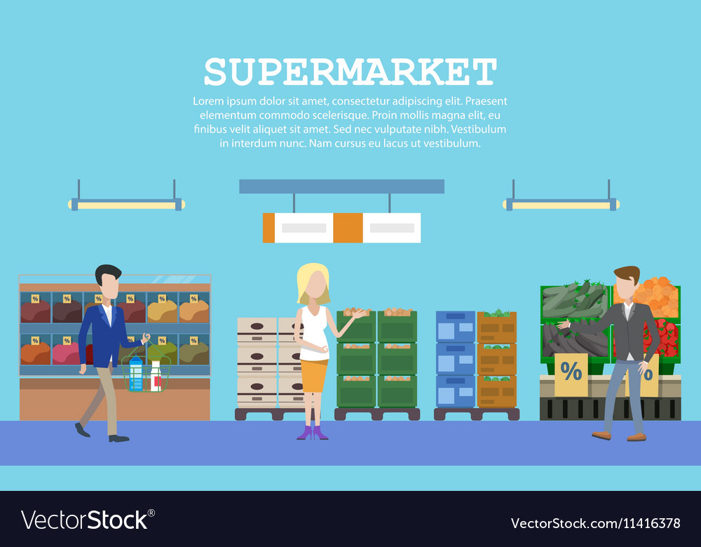 Supermarket with food and people or buyers Vector Image