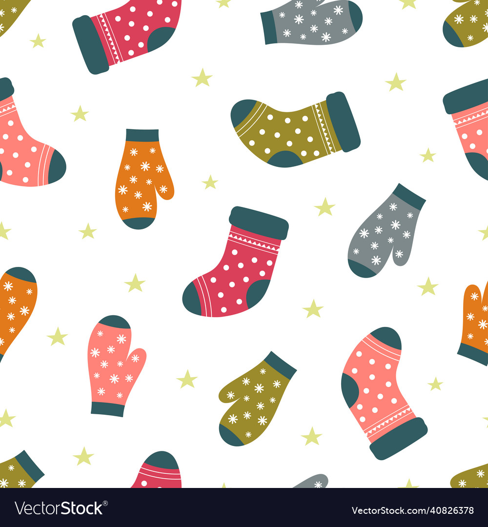 Winter seamless pattern with socks and mittens